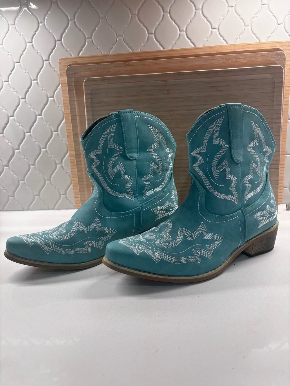 Women’s Teal Embroidered Cowgirl Ankle Boots